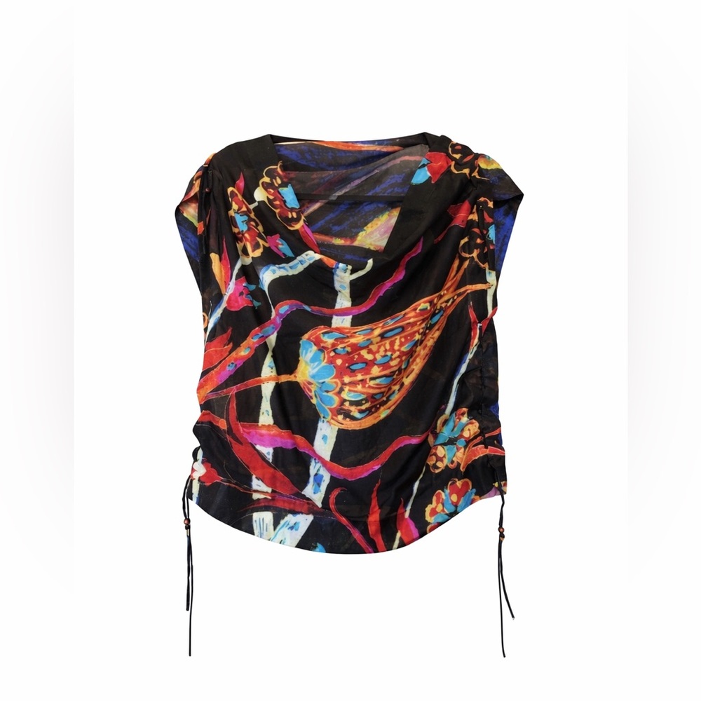 Issey Miyake Vintage Black Multicolor Abstract Ruched Cowl Neck Blouse